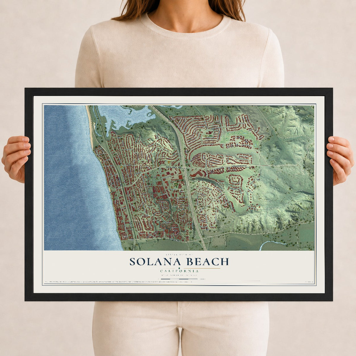 Map of Solana Beach, California, 12 x 18 inch print in a black wood frame