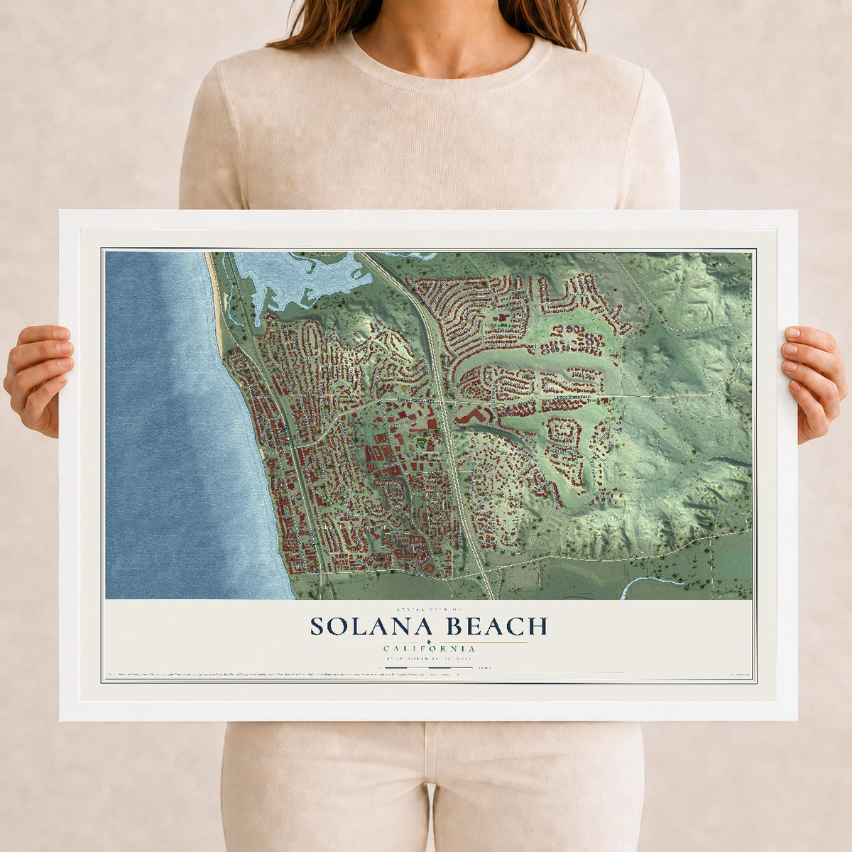 Map of Solana Beach, California, 12 x 18 inch print in a white wood frame