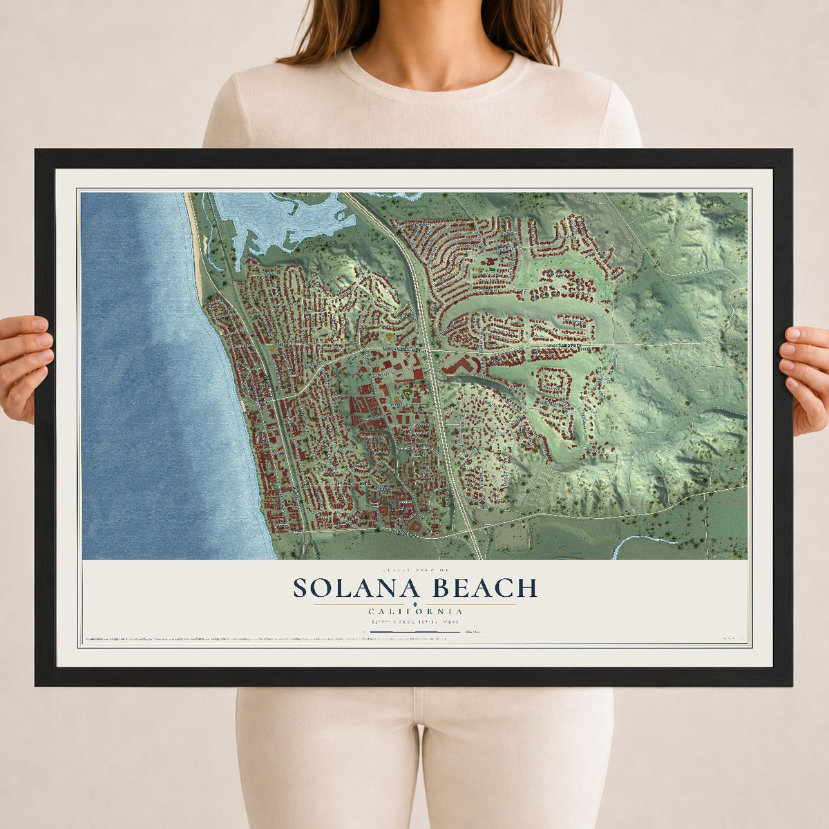 Map of Solana Beach, California, 18 x 24 inch print in a black wood frame