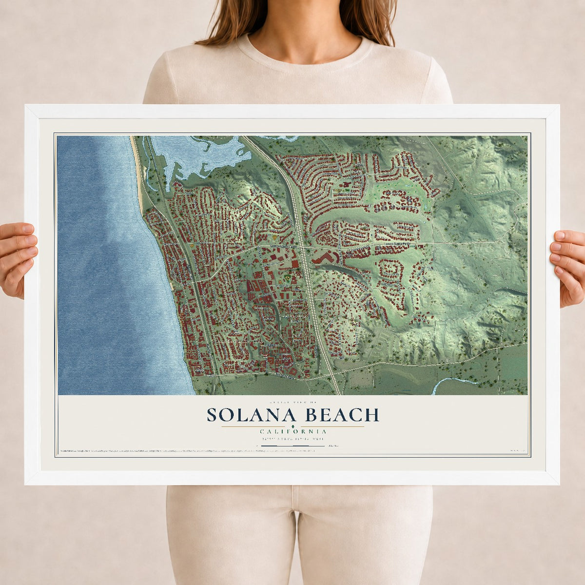 Map of Solana Beach, California, 18 x 24 inch print in a white wood frame