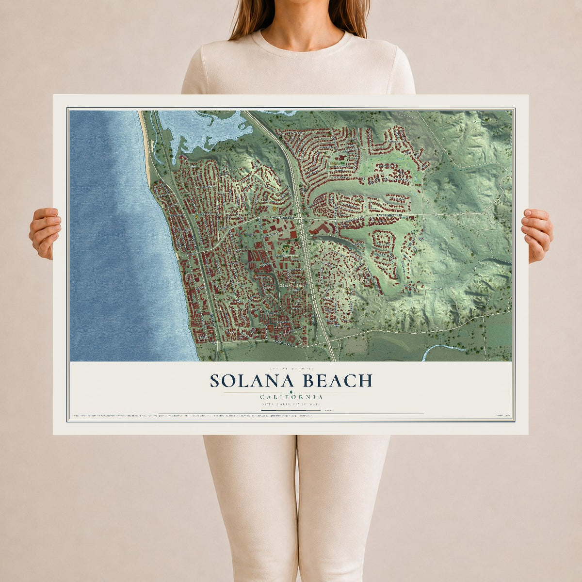 Map of Solana Beach, California, 24 x 36 inch unframed archival matte print