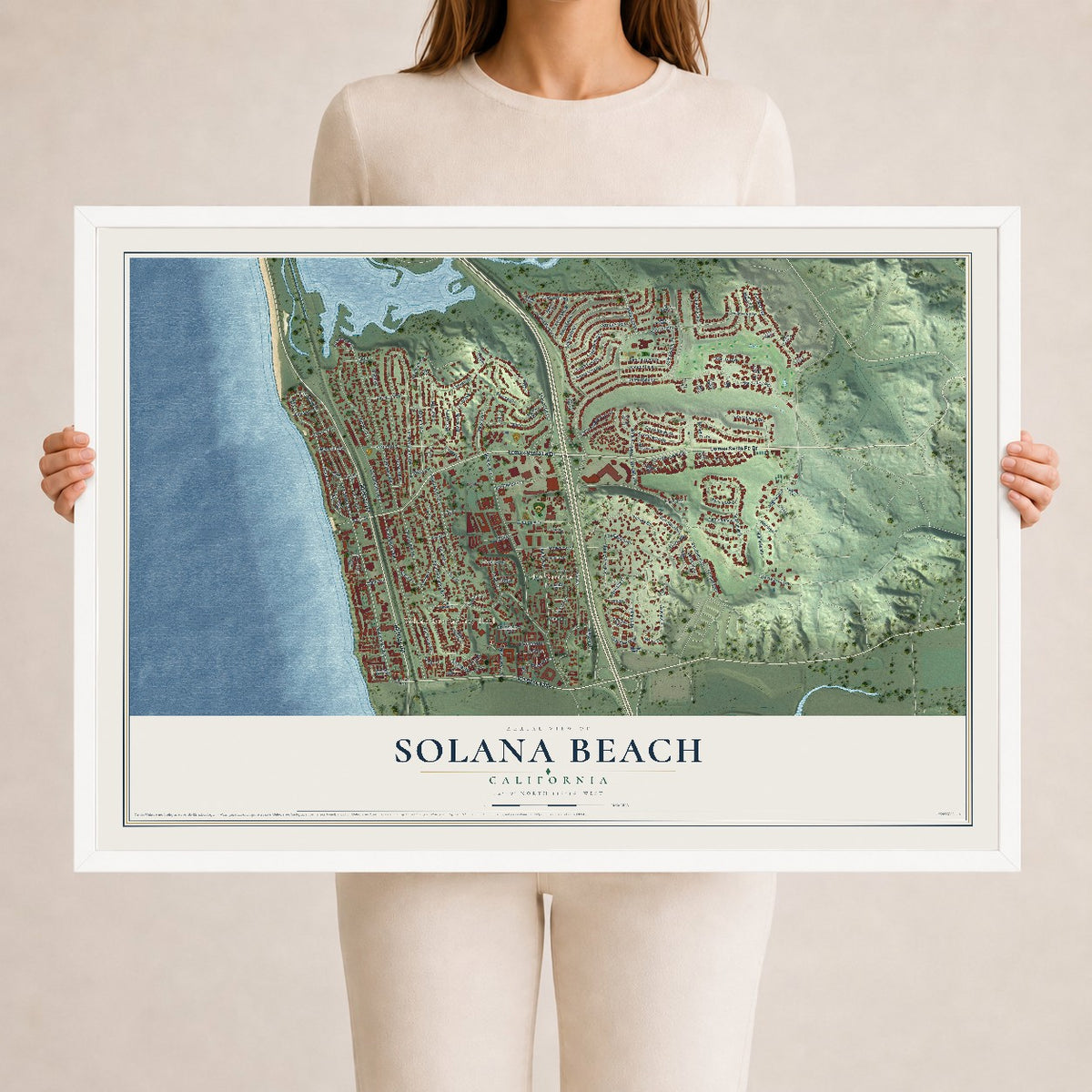 Map of Solana Beach, California, 24 x 36 inch print in a white wood frame