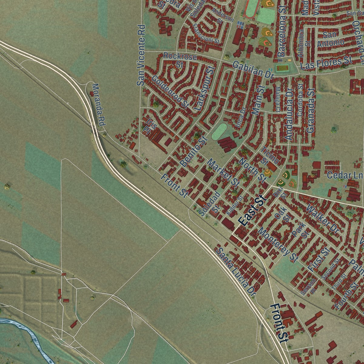 Close-up of the map of Soledad, California print showing street and building detail