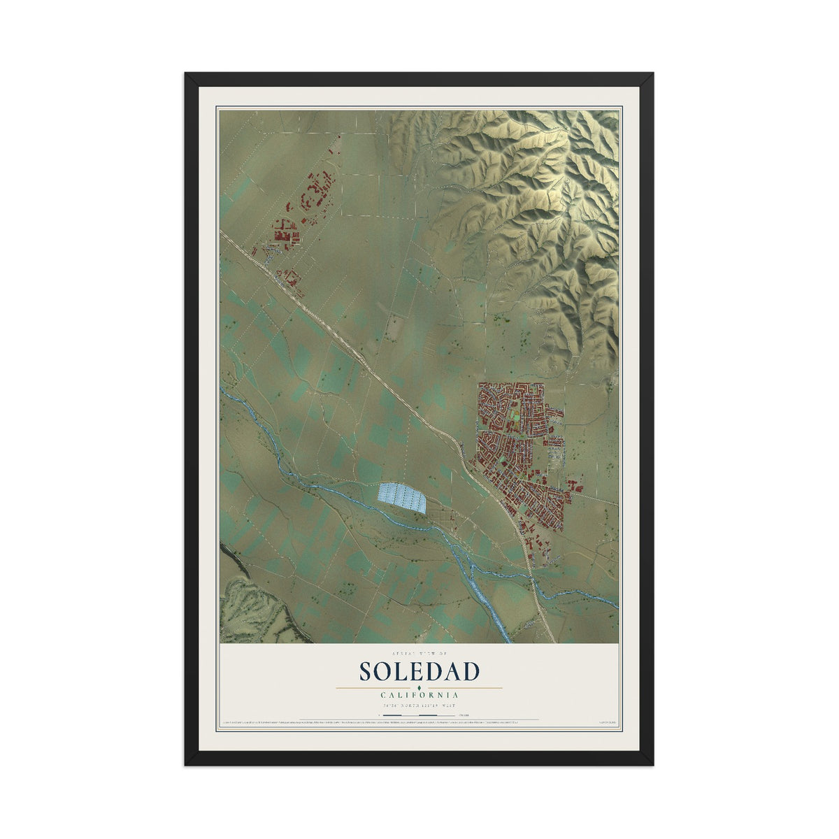 Map of Soledad, California, 12 x 18 inch print in a black wood frame