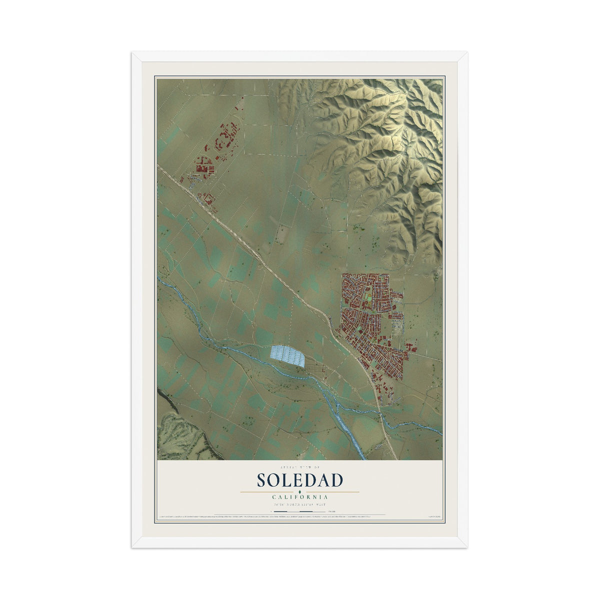 Map of Soledad, California, 12 x 18 inch print in a white wood frame