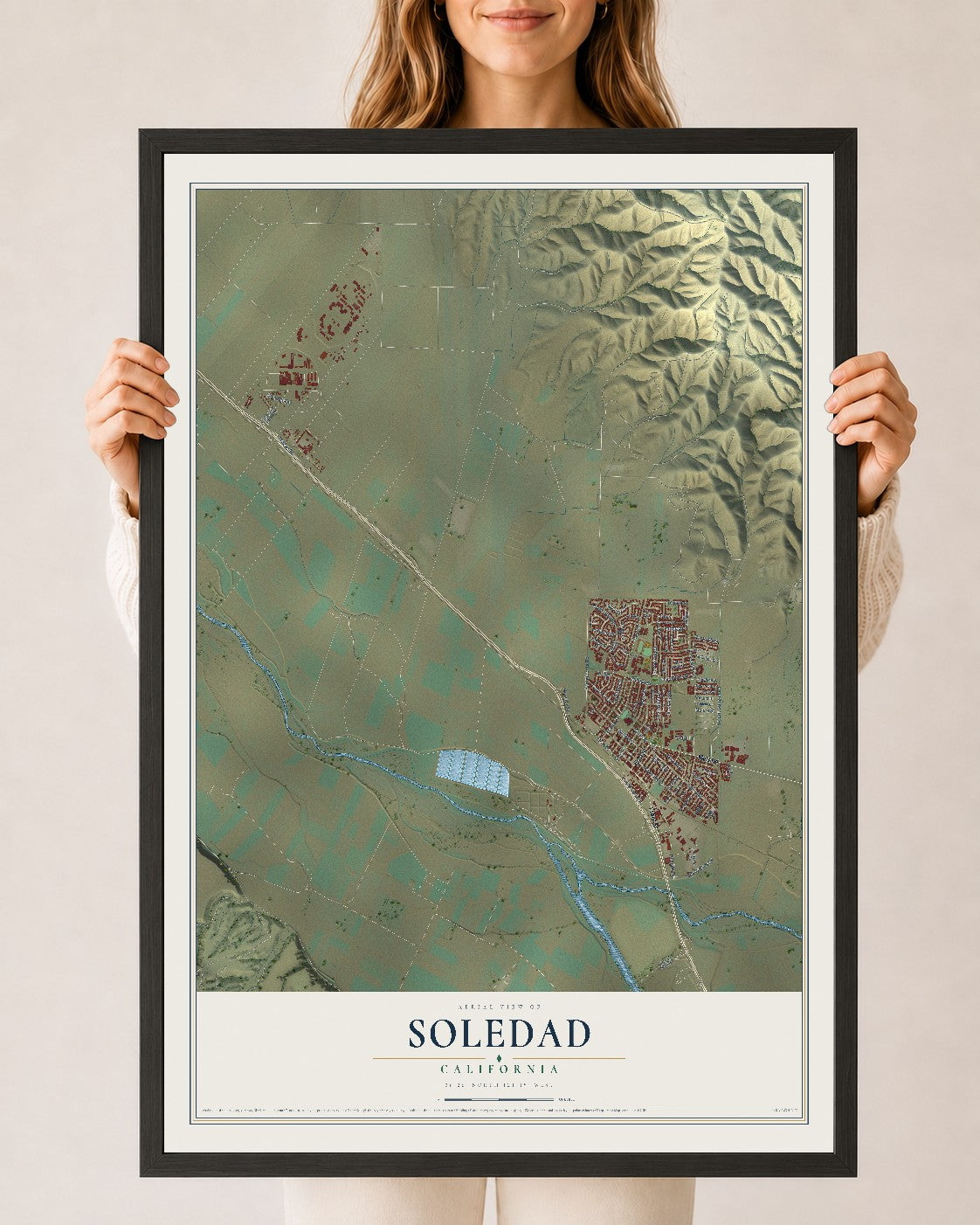 Map of Soledad, California, 24 x 36 inch print in a black wood frame