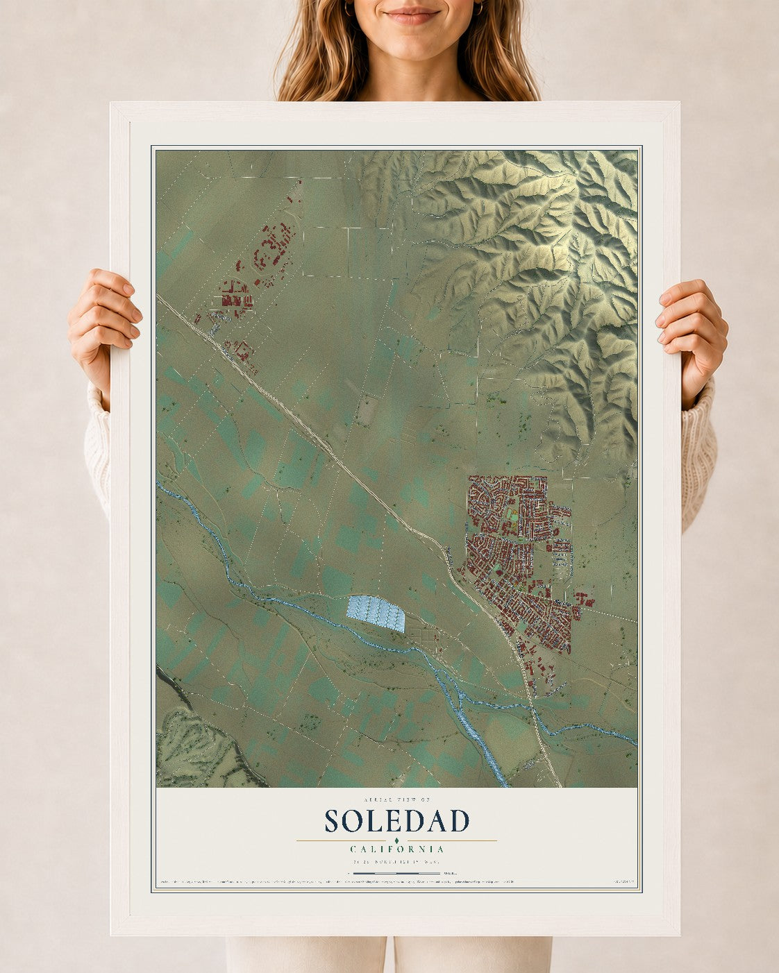Map of Soledad, California, 24 x 36 inch print in a white wood frame