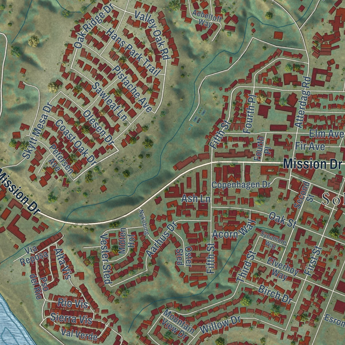 Close-up of the map of Solvang, California print showing street and building detail