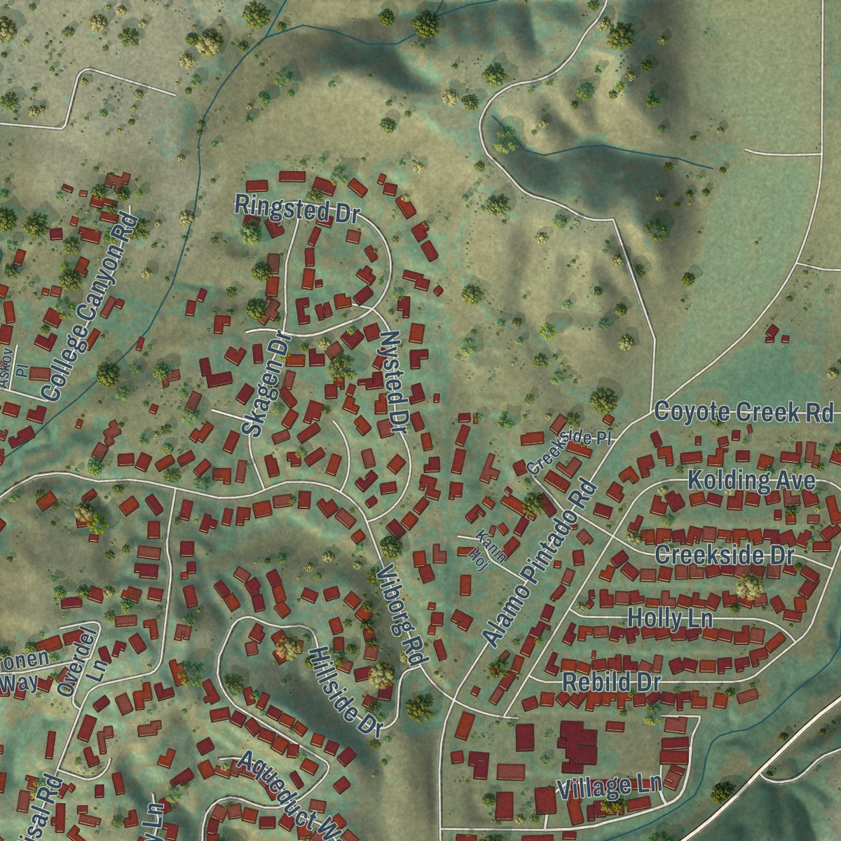 Second close-up of the map of Solvang, California print showing more streets and buildings