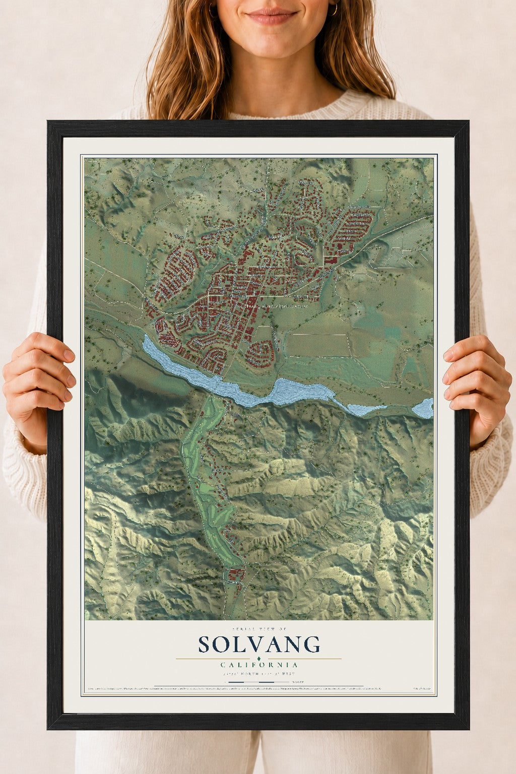 Map of Solvang, California, 18 x 24 inch print in a black wood frame