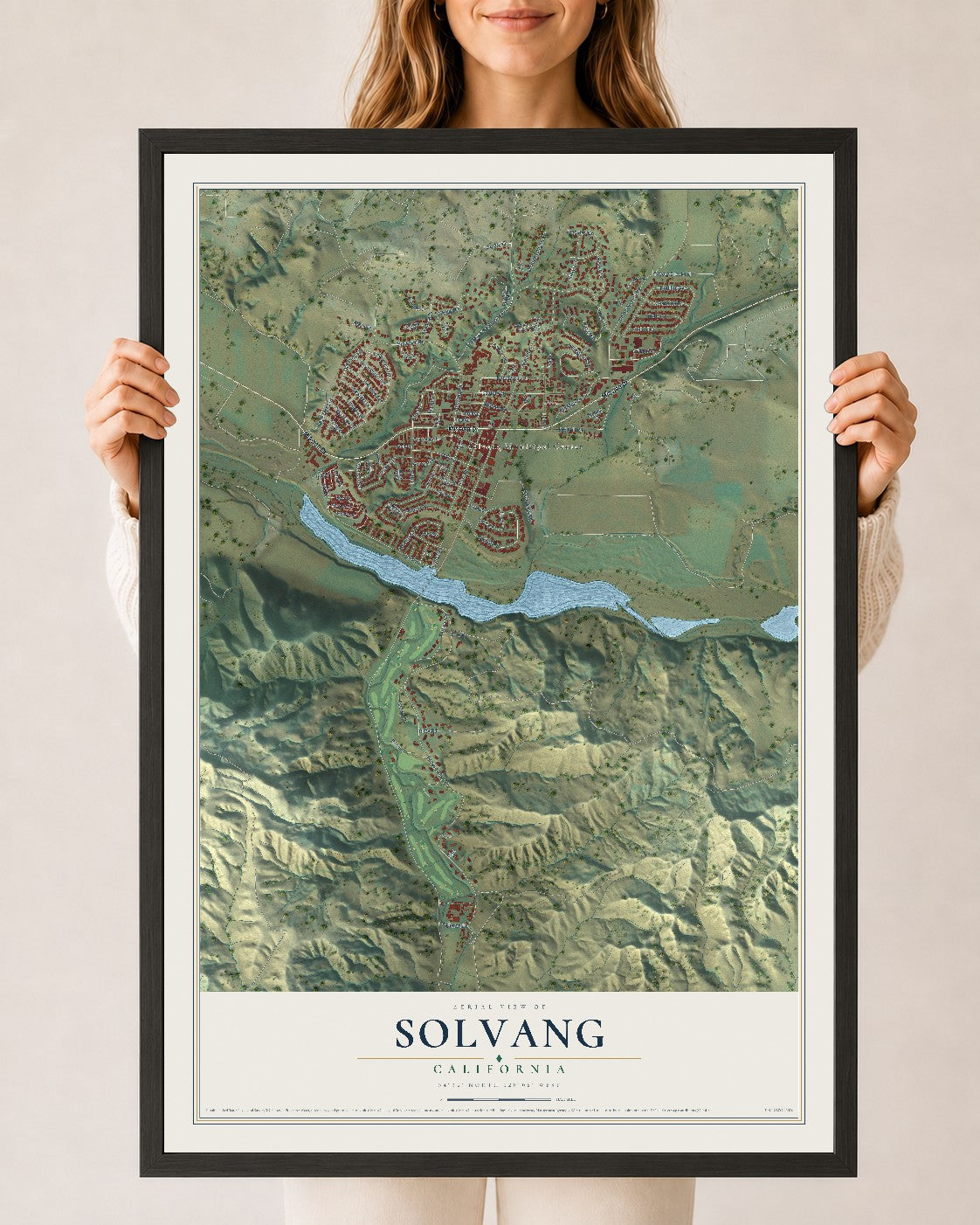 Map of Solvang, California, 24 x 36 inch print in a black wood frame
