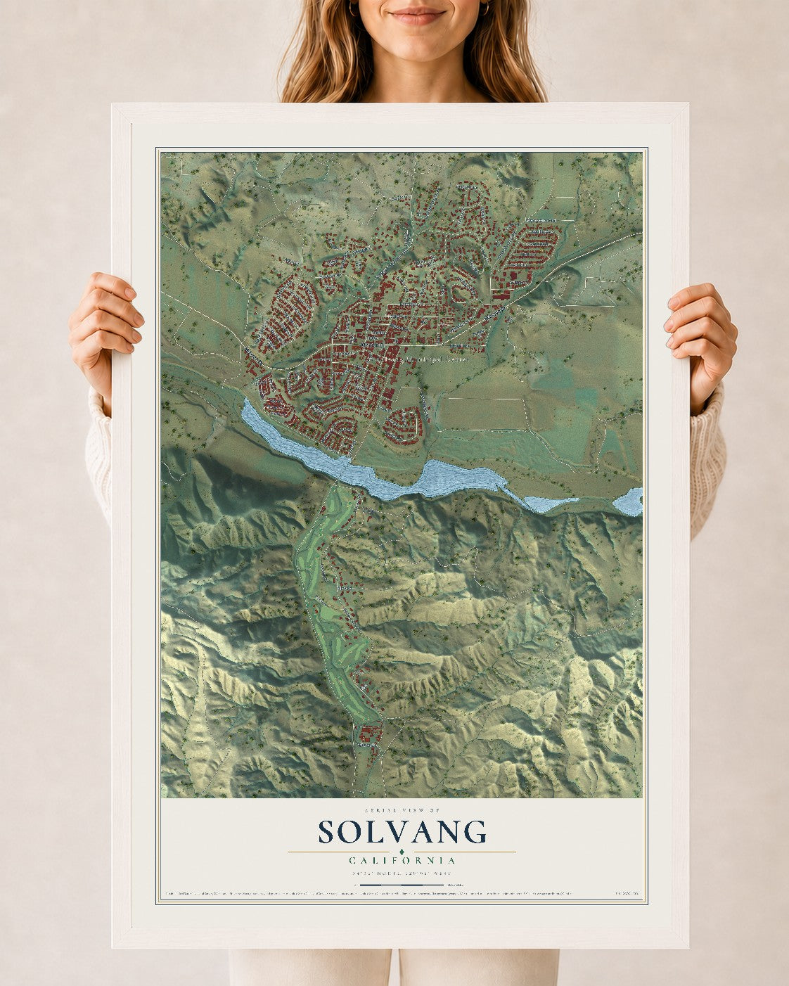 Map of Solvang, California, 24 x 36 inch print in a white wood frame