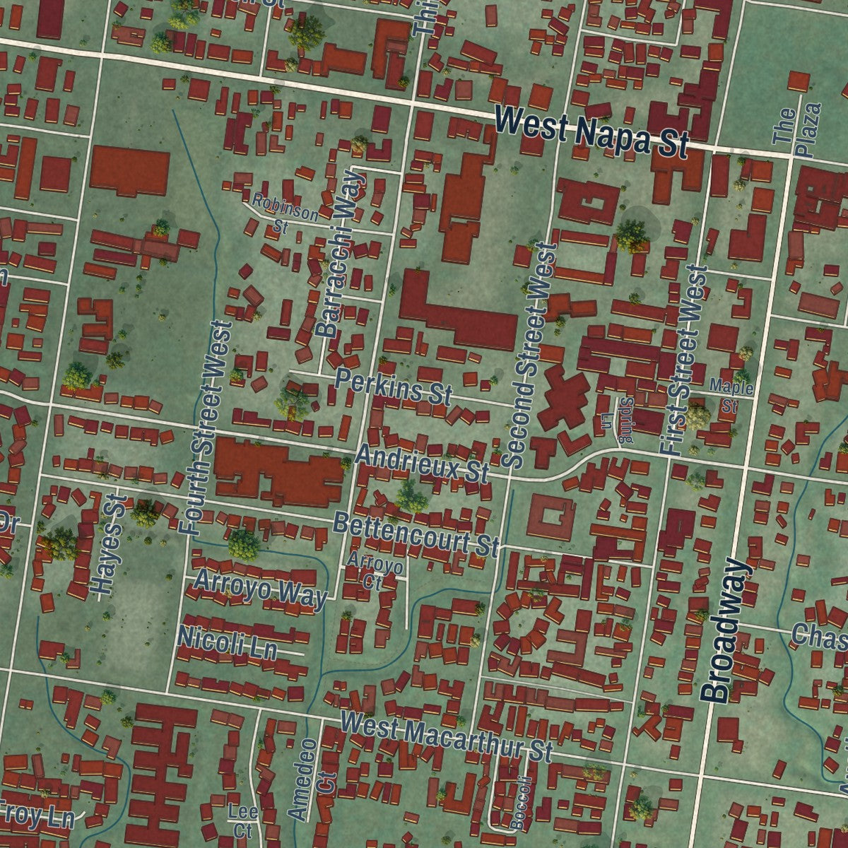 Close-up of the map of Sonoma, California print showing street and building detail