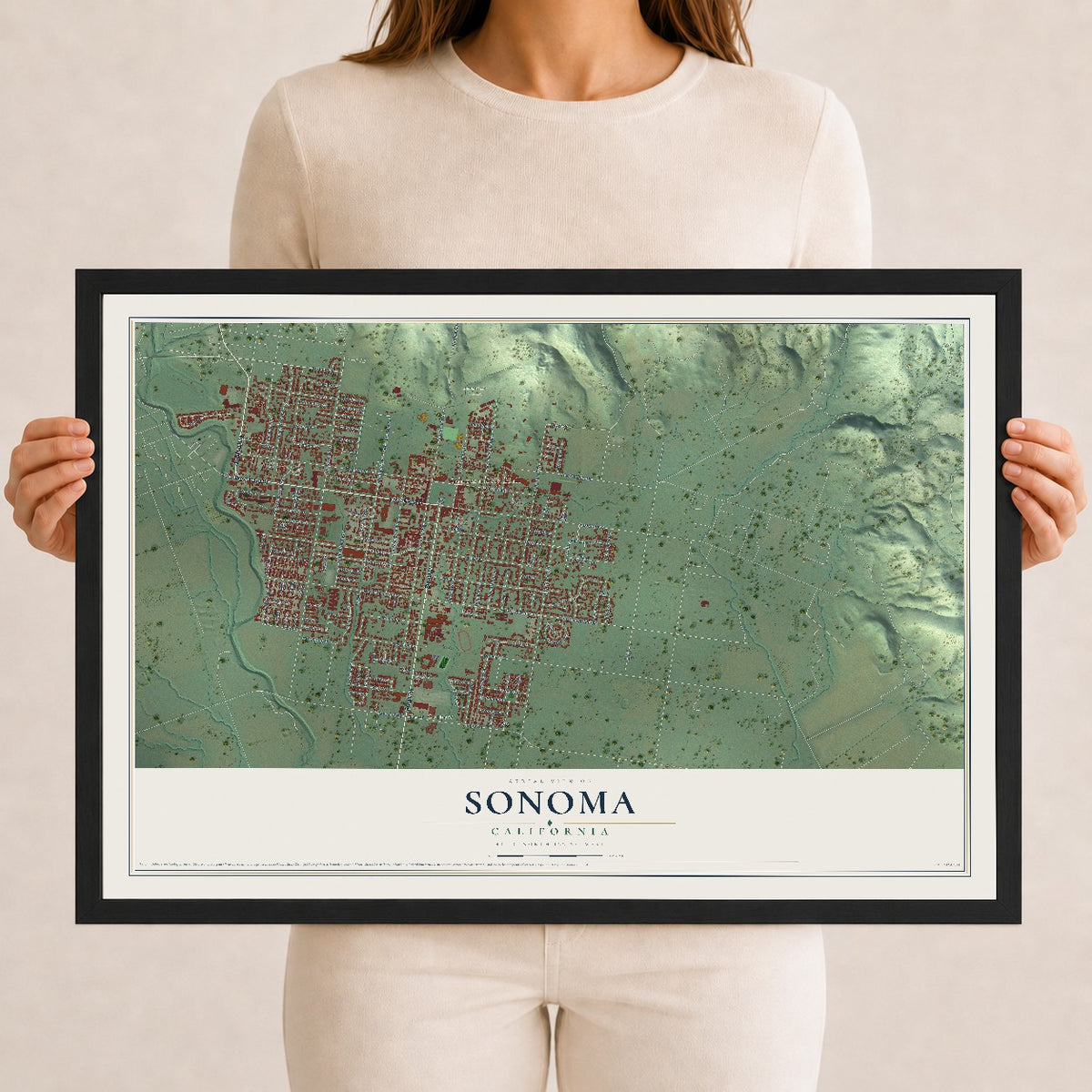 Map of Sonoma, California, 12 x 18 inch print in a black wood frame