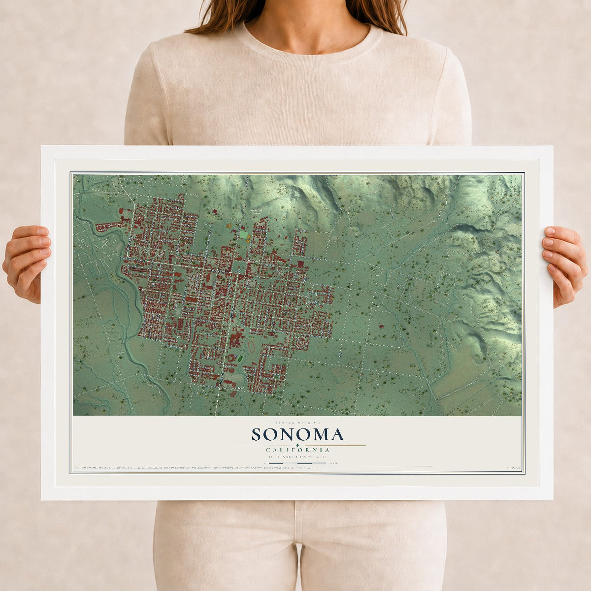 Map of Sonoma, California, 12 x 18 inch print in a white wood frame