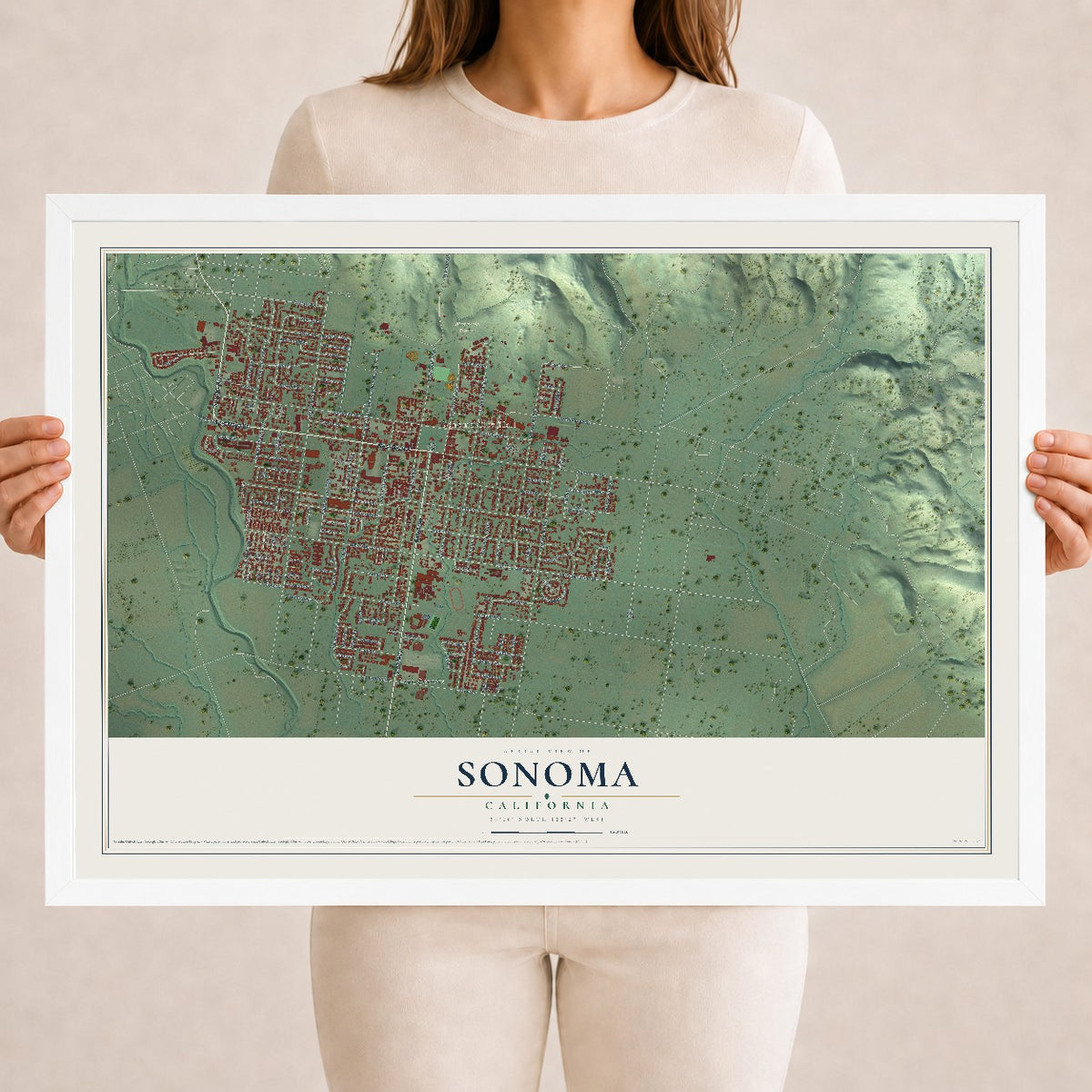 Map of Sonoma, California, 18 x 24 inch print in a white wood frame