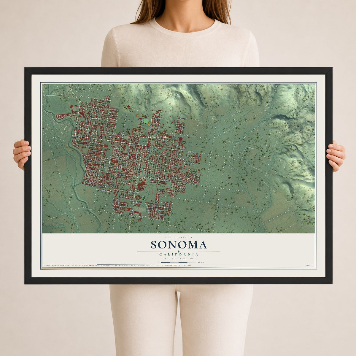 Map of Sonoma, California, 24 x 36 inch print in a black wood frame