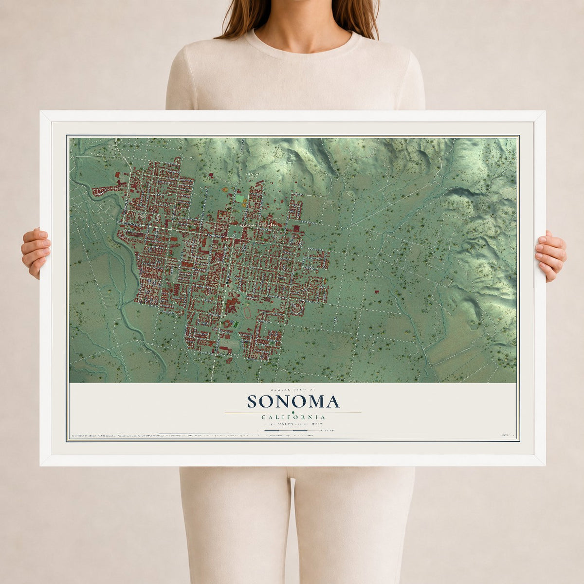 Map of Sonoma, California, 24 x 36 inch print in a white wood frame