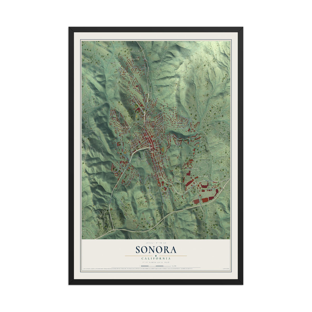 Map of Sonora, California, 12 x 18 inch print in a black wood frame