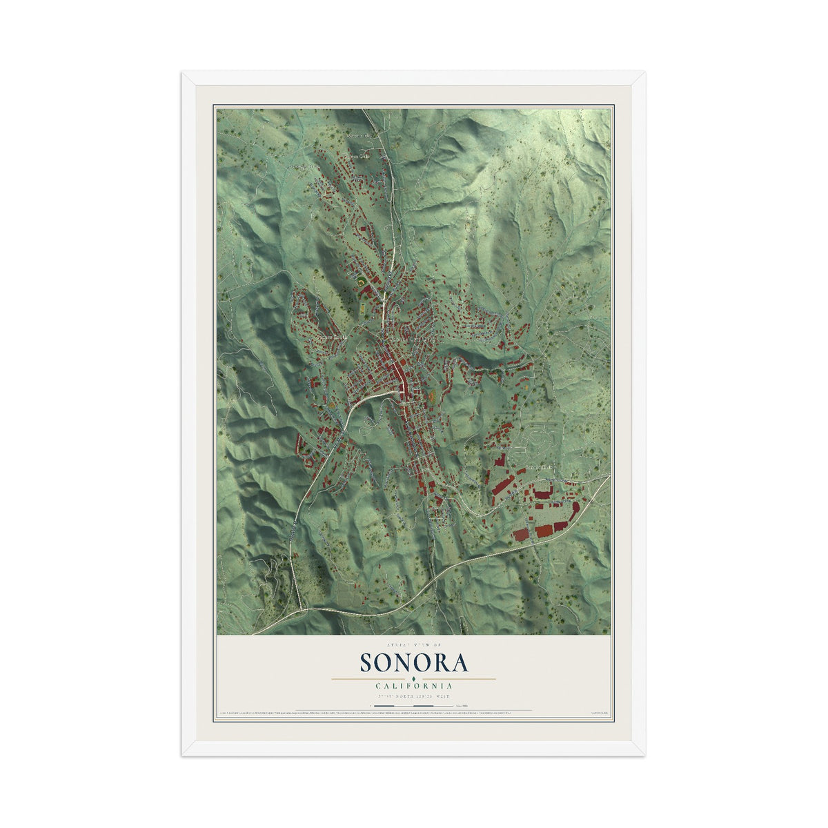 Map of Sonora, California, 12 x 18 inch print in a white wood frame