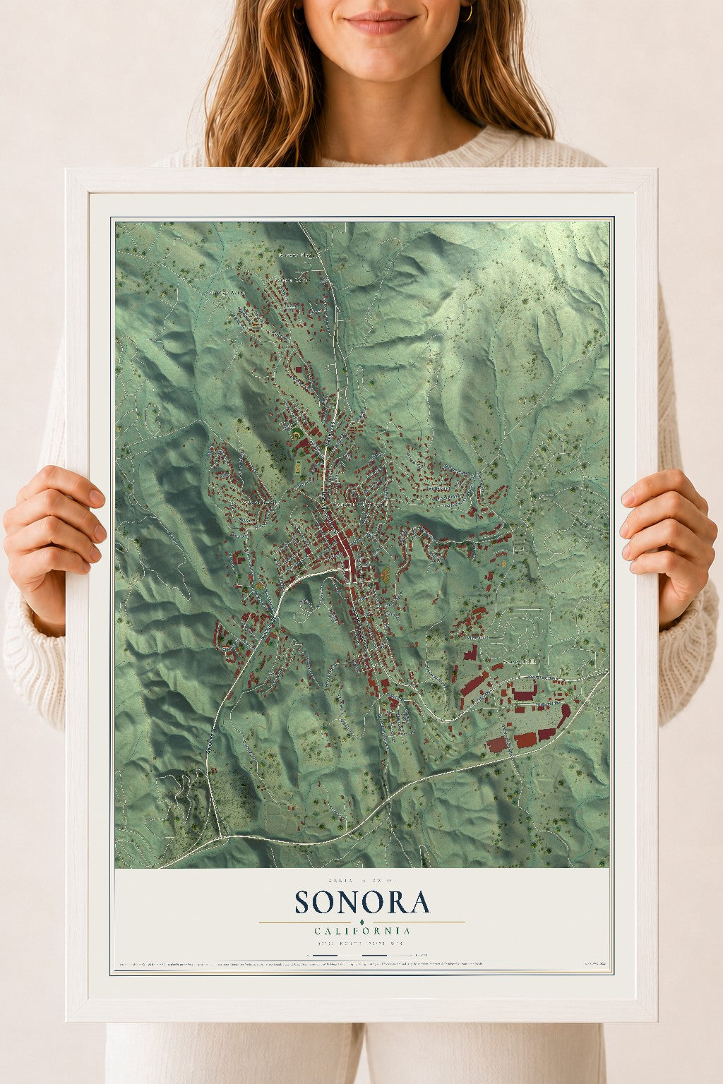 Map of Sonora, California, 18 x 24 inch print in a white wood frame