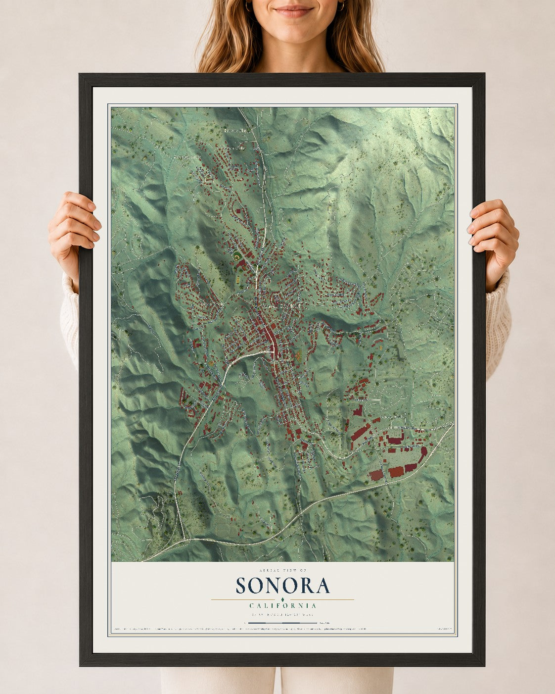 Map of Sonora, California, 24 x 36 inch print in a black wood frame