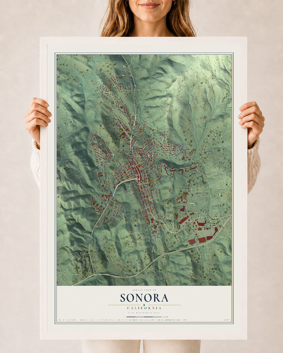 Map of Sonora, California, 24 x 36 inch print in a white wood frame