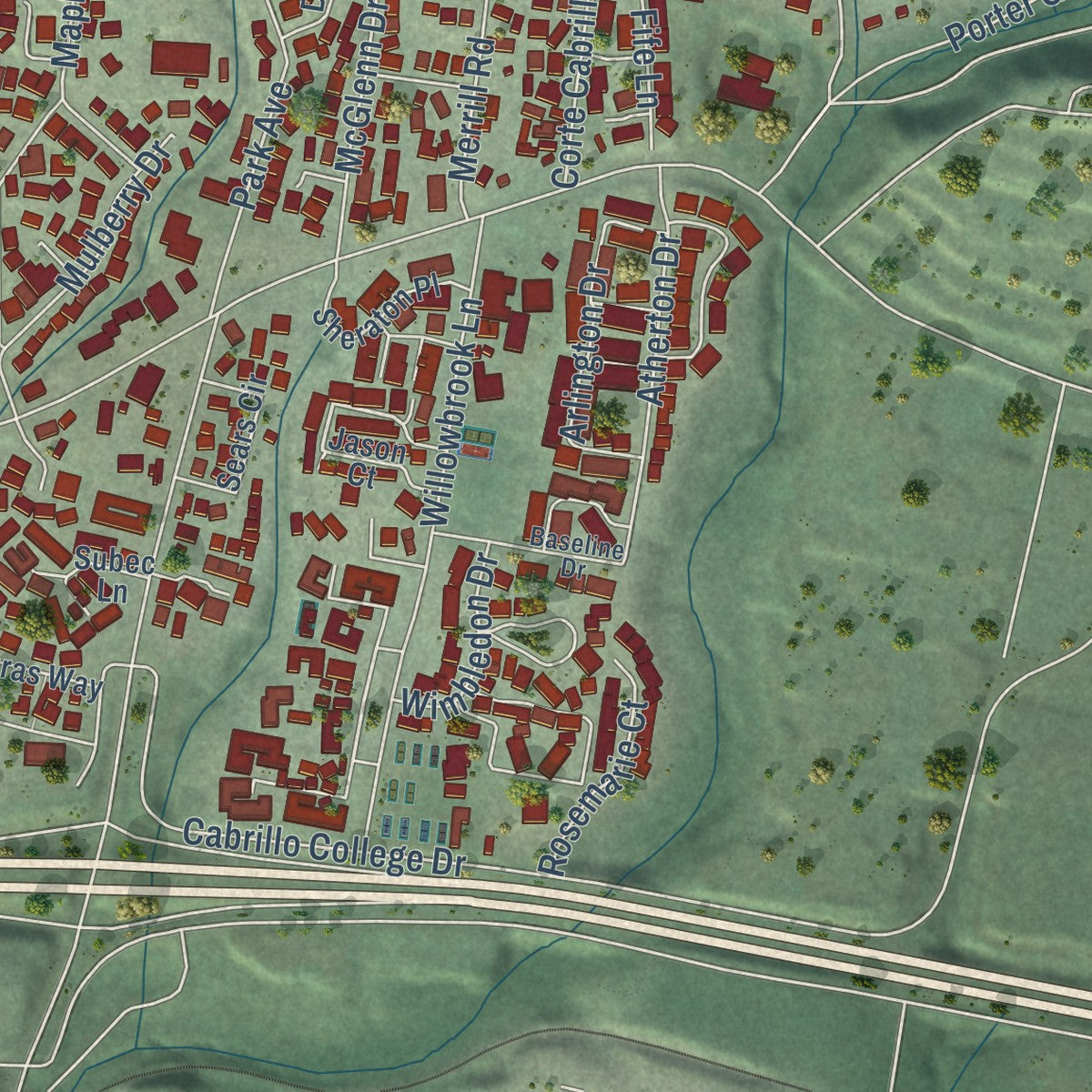 Second close-up of the map of Soquel, California print showing more streets and buildings