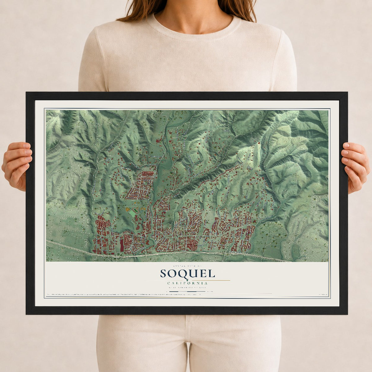 Map of Soquel, California, 12 x 18 inch print in a black wood frame