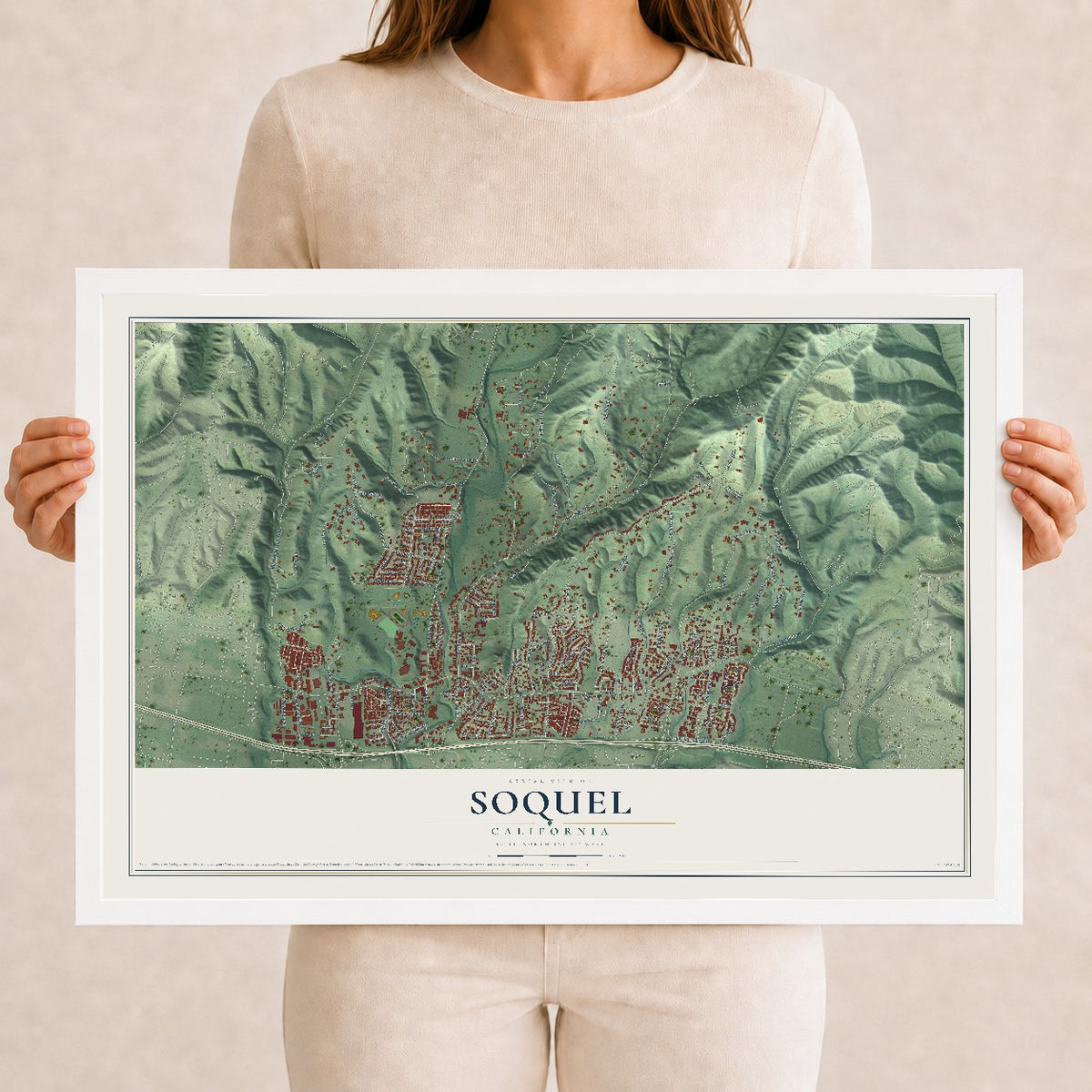 Map of Soquel, California, 12 x 18 inch print in a white wood frame