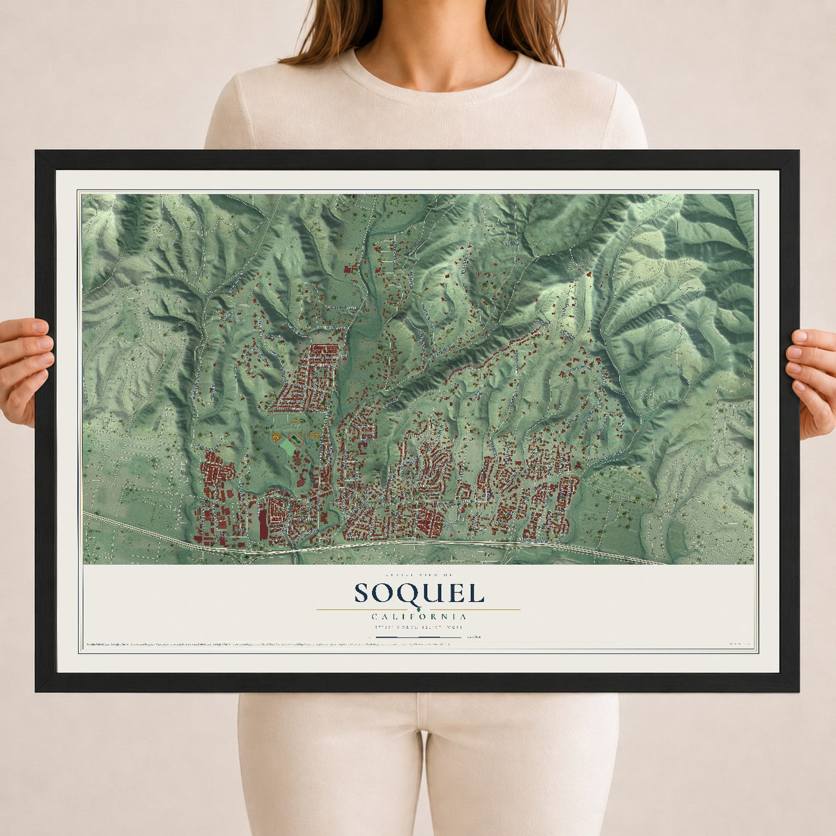 Map of Soquel, California, 18 x 24 inch print in a black wood frame