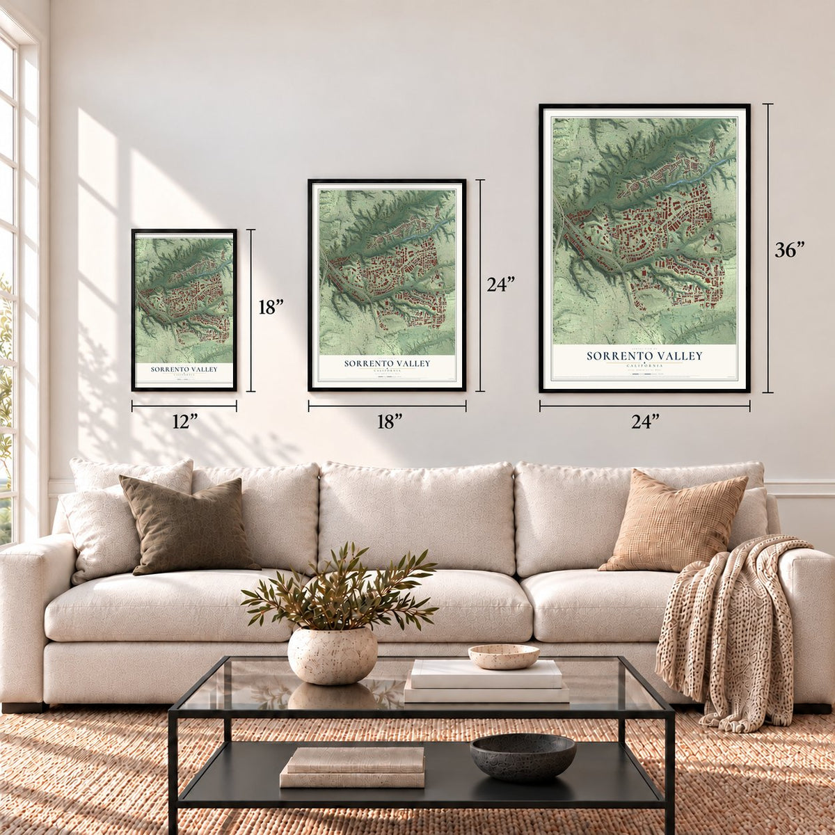 Sorrento Valley, California map in 12 x 18, 18 x 24 and 24 x 36 inch sizes above a sofa