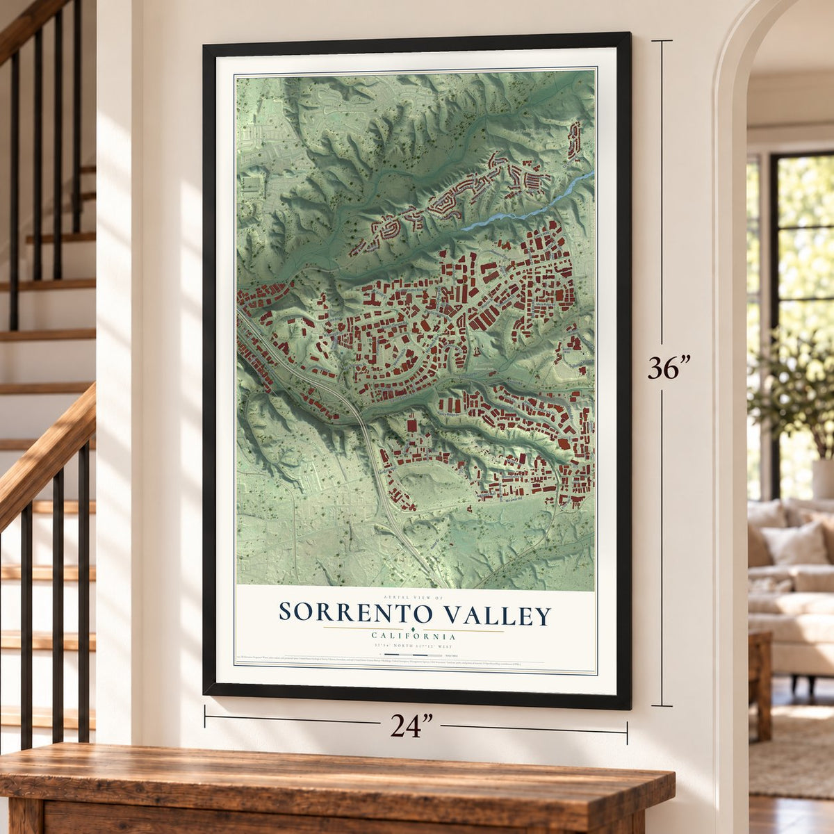 Sorrento Valley, California map, 24 x 36 inch print in a black frame by a staircase