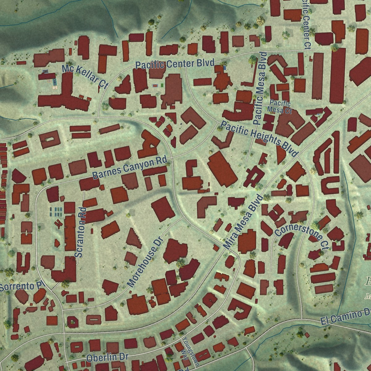 Close-up of the map of Sorrento Valley, California print showing street and building detail