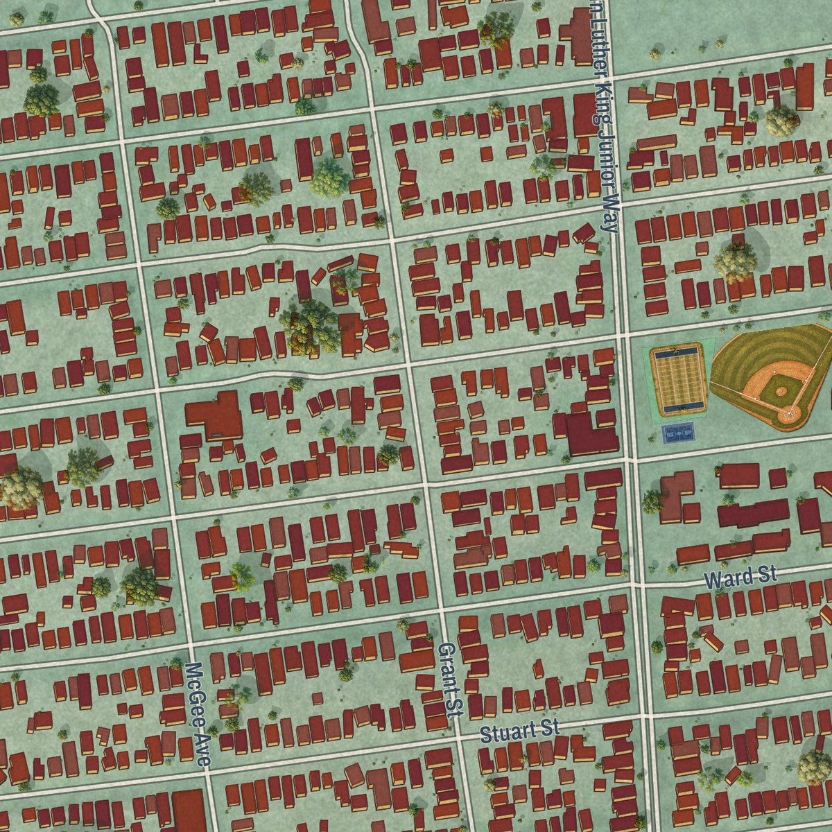 Close-up of the map of South Berkeley, California print showing street and building detail