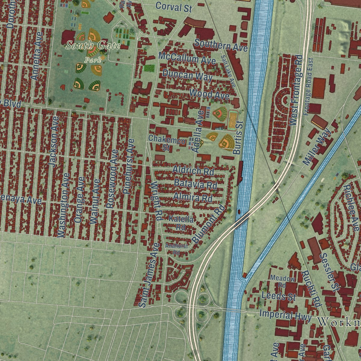 Second close-up of the map of South Gate, California print showing more streets and buildings