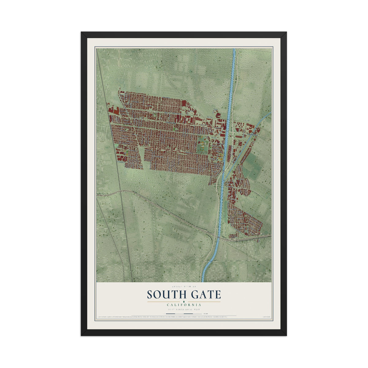 Map of South Gate, California, 12 x 18 inch print in a black wood frame