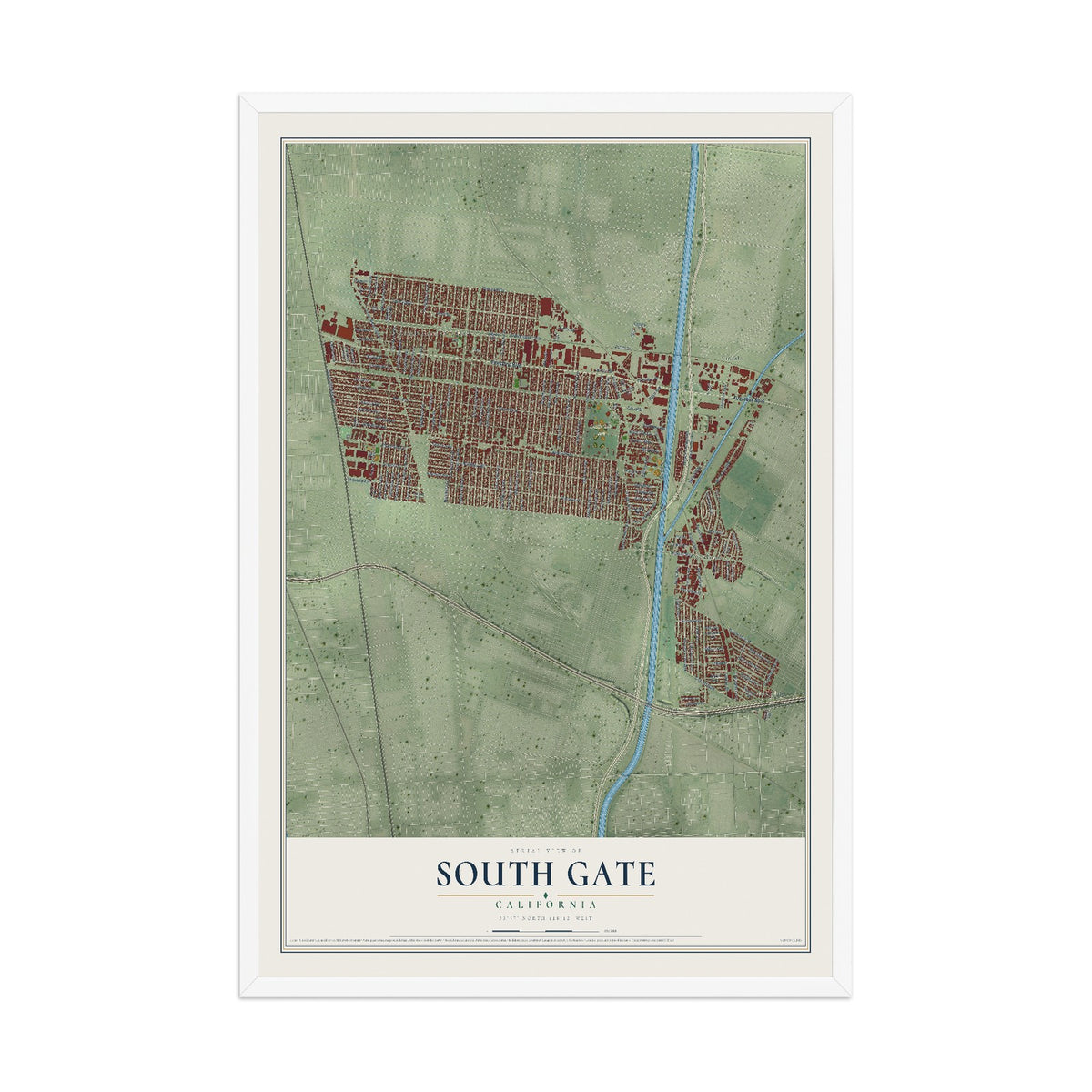 Map of South Gate, California, 12 x 18 inch print in a white wood frame