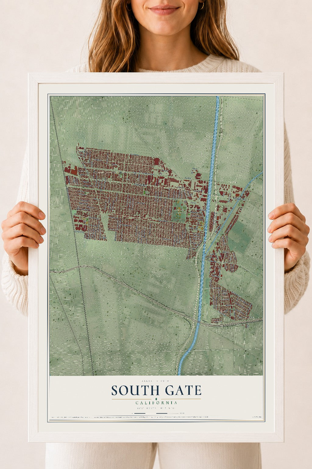 Map of South Gate, California, 18 x 24 inch print in a white wood frame