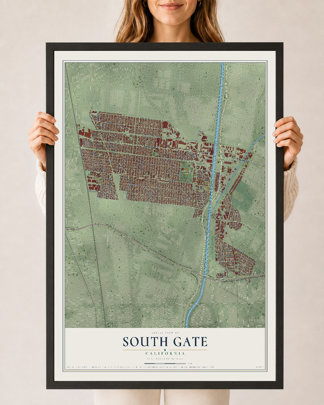 Map of South Gate, California, 24 x 36 inch print in a black wood frame