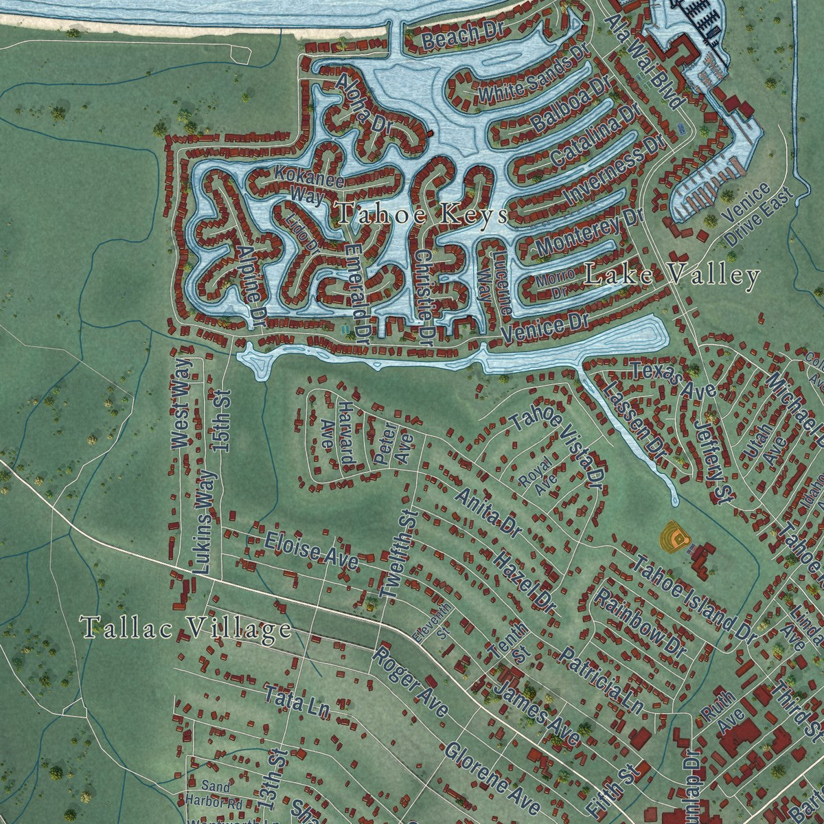 Close-up of the map of South Lake Tahoe, California print showing street and building detail