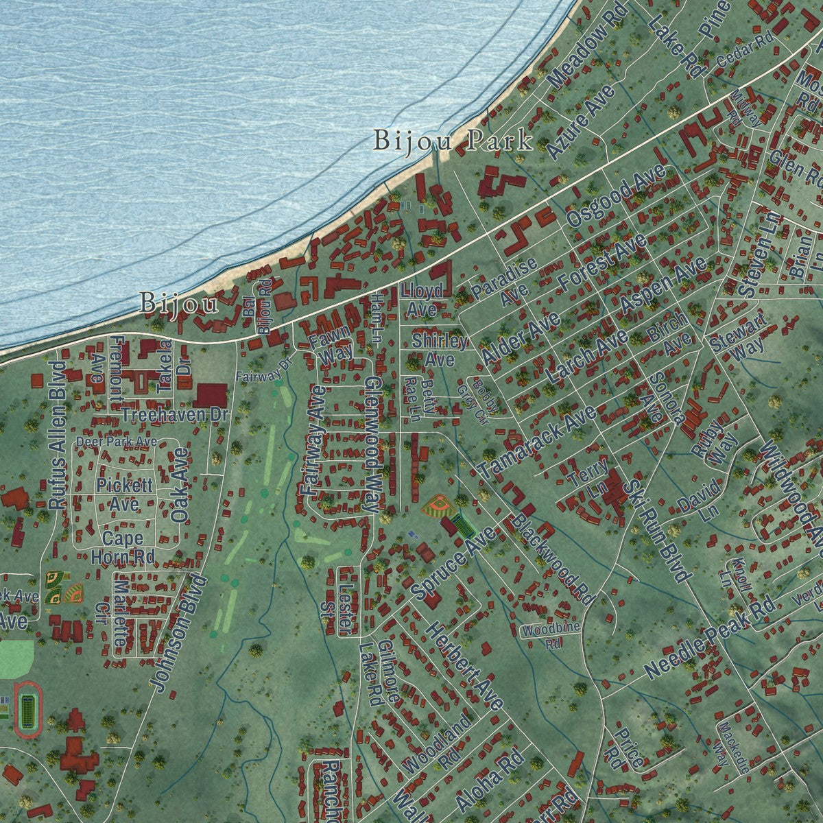 Second close-up of the map of South Lake Tahoe, California print showing more streets and buildings