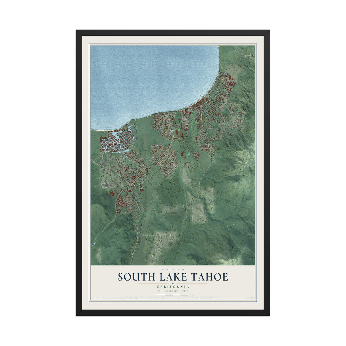 Map of South Lake Tahoe, California, 12 x 18 inch print in a black wood frame