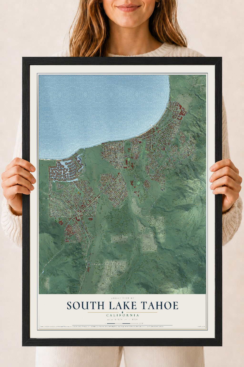 Map of South Lake Tahoe, California, 18 x 24 inch print in a black wood frame