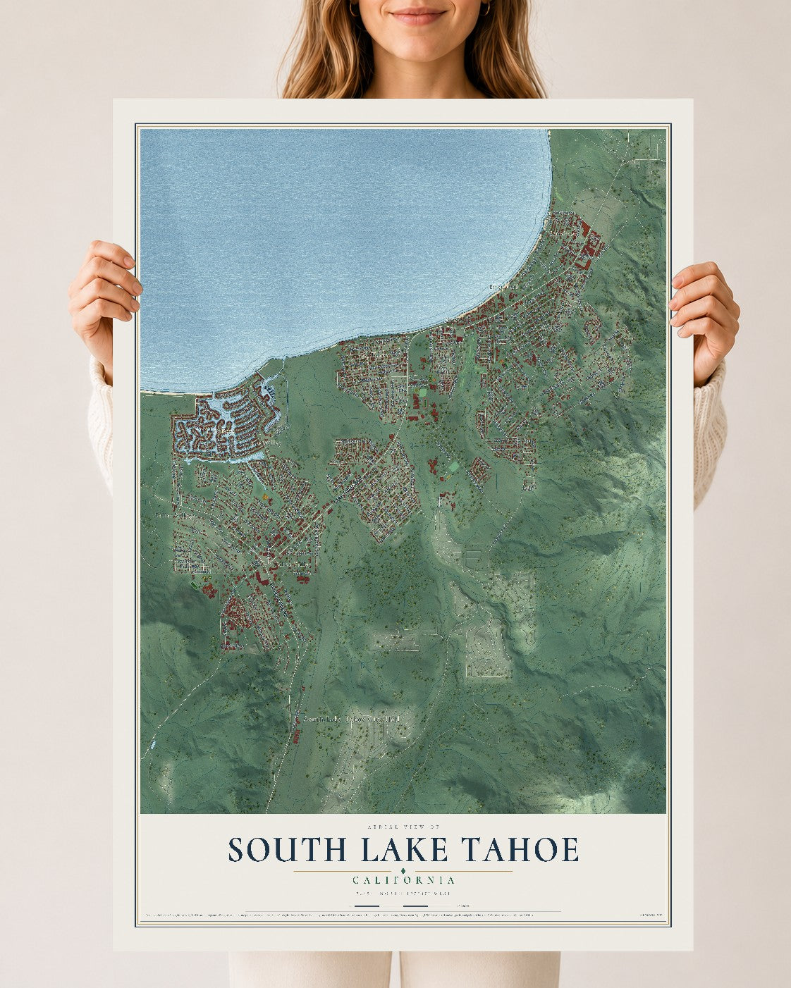 Map of South Lake Tahoe, California, 24 x 36 inch unframed archival matte print