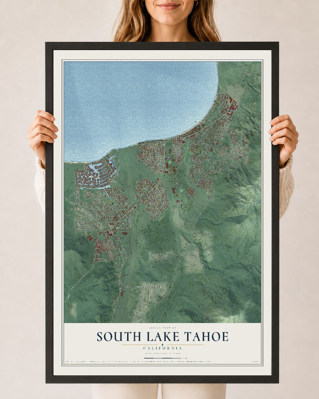 Map of South Lake Tahoe, California, 24 x 36 inch print in a black wood frame