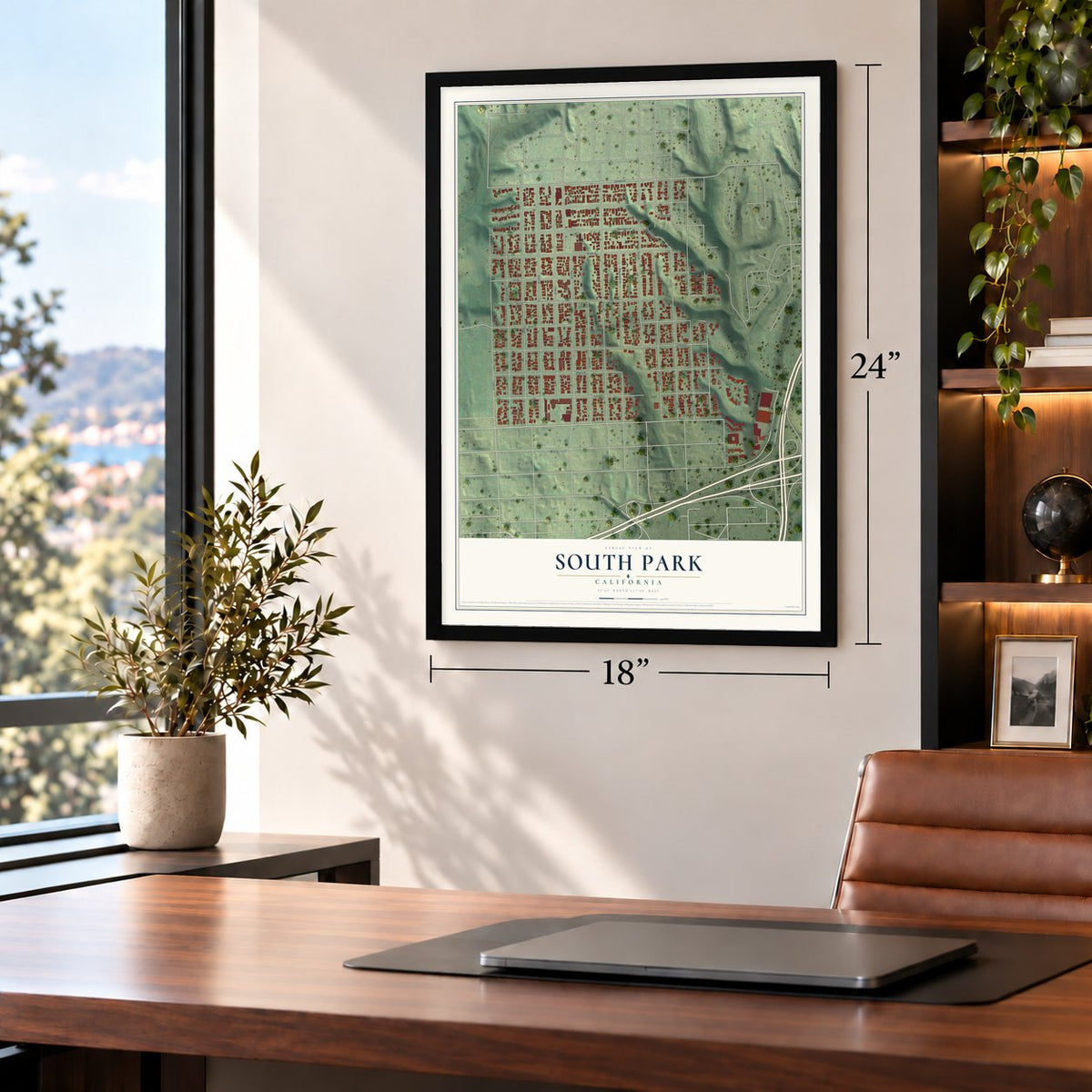 South Park, California map, 18 x 24 inch print in a black frame in a home office