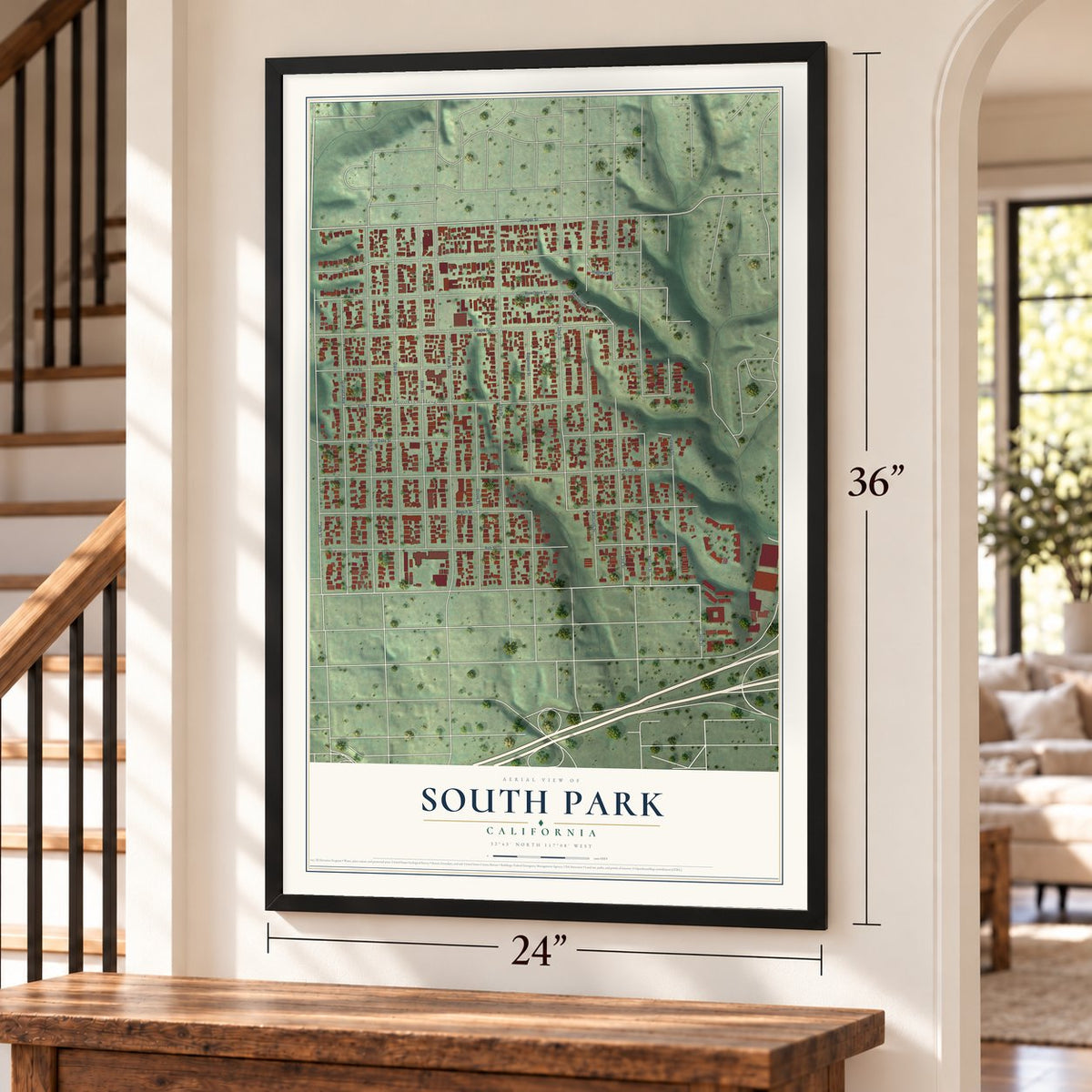 South Park, California map, 24 x 36 inch print in a black frame by a staircase