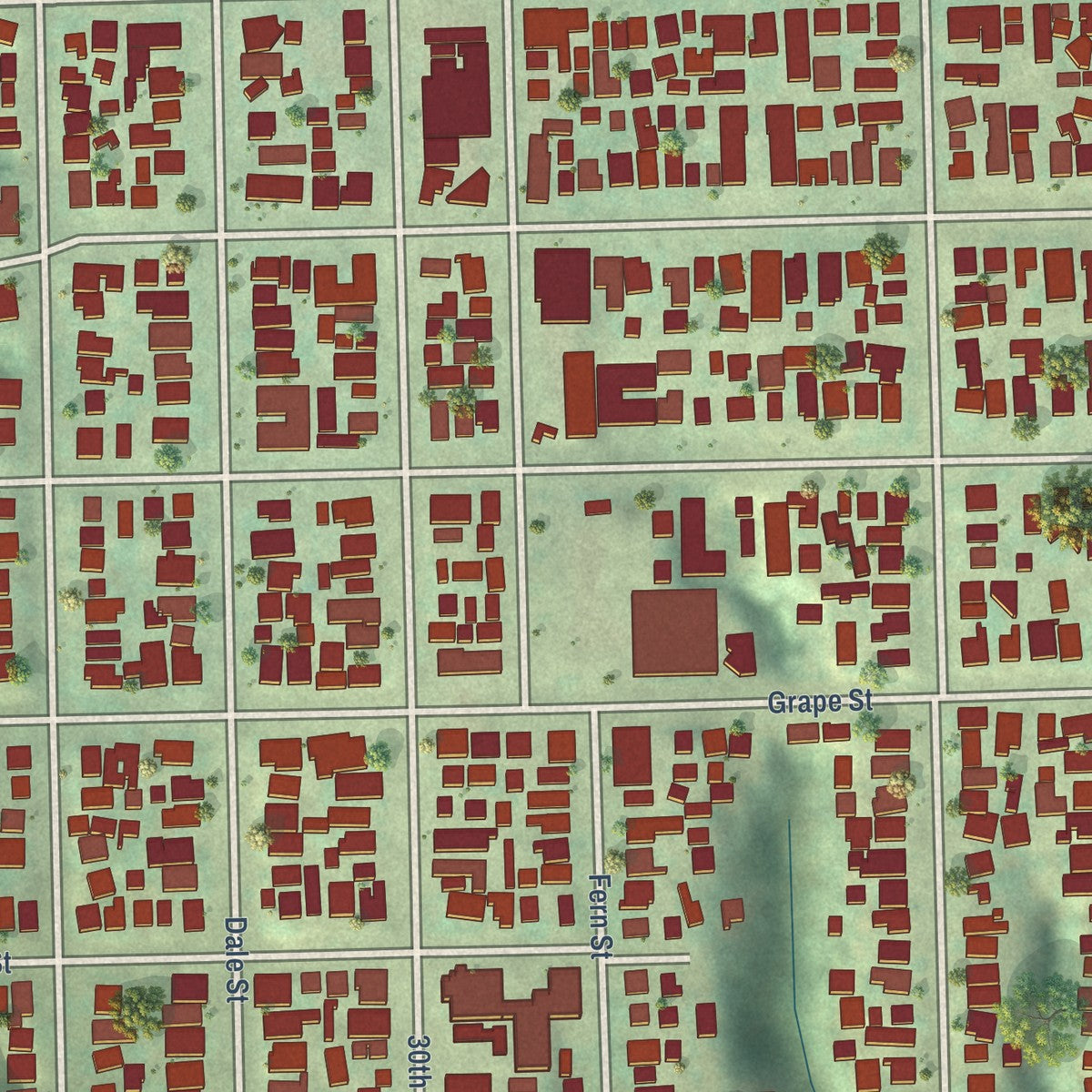 Close-up of the map of South Park, California print showing street and building detail