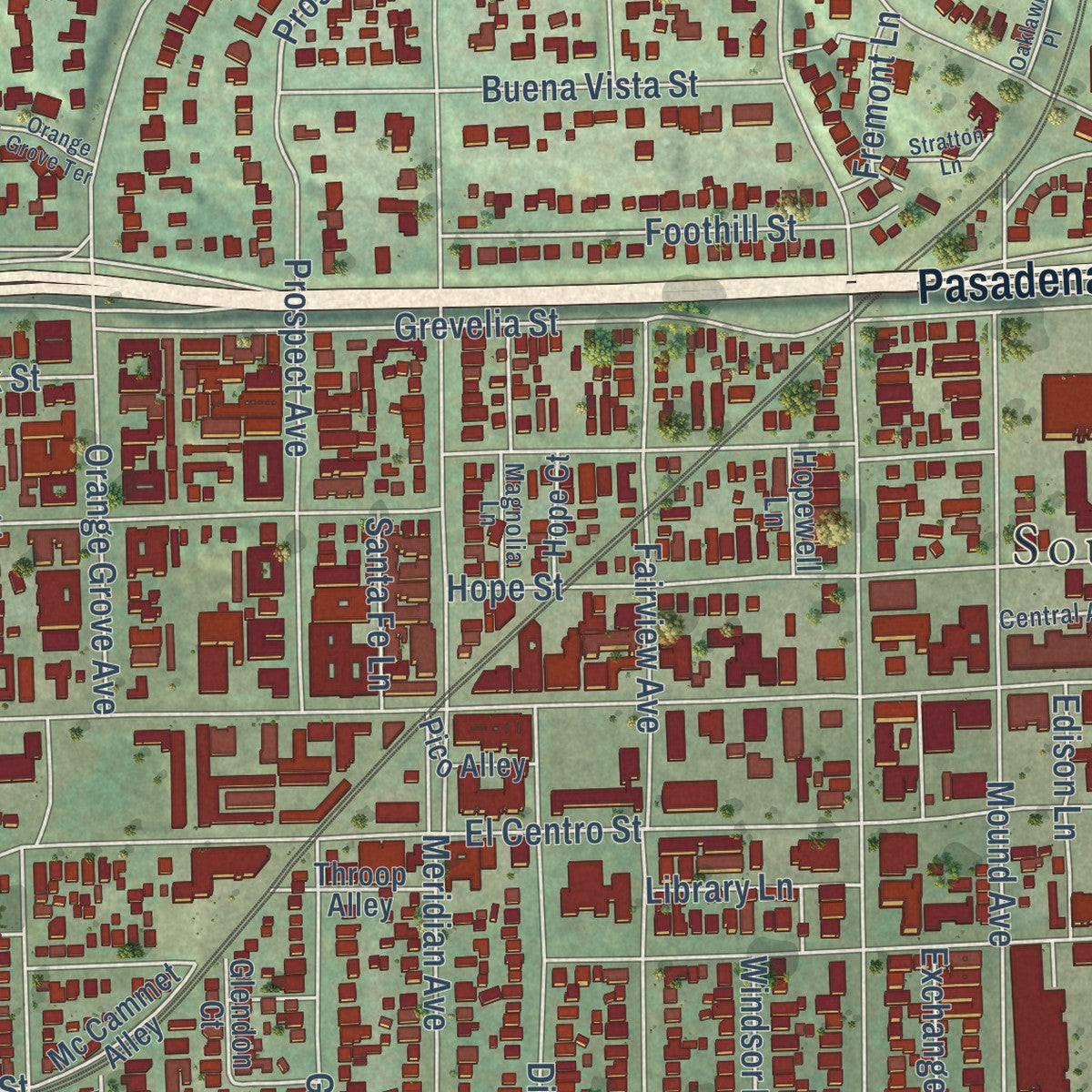 Close-up of the map of South Pasadena, California print showing street and building detail
